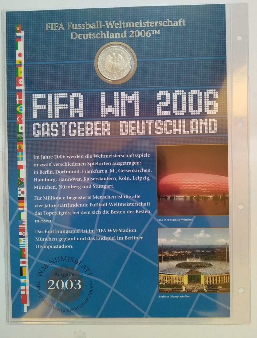  10 Euro Sondermünze, mit Briefmarken, Numisblatt  BRD, 2003, Fussball WM 2006, Stgl. offiz. Ausgab   