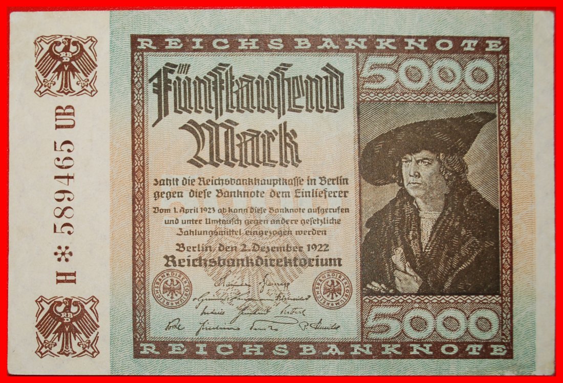  • REICHSBANKNOTE: DEUTSCHLAND ★ 5000 MARK 1922! OHNE VORBEHALT!   