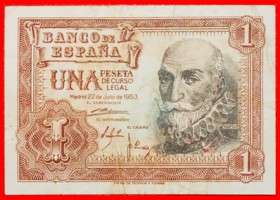  • ALVARO DE BAZAN (1526-1588): SPAIN ★ 1 PESETA 1953 SHIP CRISP! LOW START ★ NO RESERVE!   