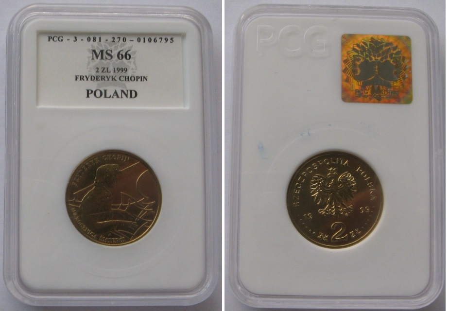  1999, Polen, 2 Zloty-Gedenkmünze: 150. Todestag von Fryderyk Chopin, SLAB   