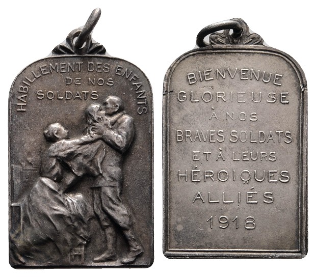  Linnartz 1. Weltkrieg, BELGIEN, Tragb versilb.Bronzemed.1918, Soldatenkinderfürsorge, 22x36 mm,vz-st   