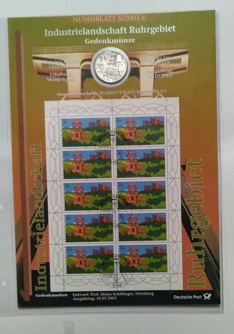  10 Euro Sondermünze BRD 2003,  mit Briefmarken, Numisblatt, Industrielandschaft Ruhrgebiet, offizell   