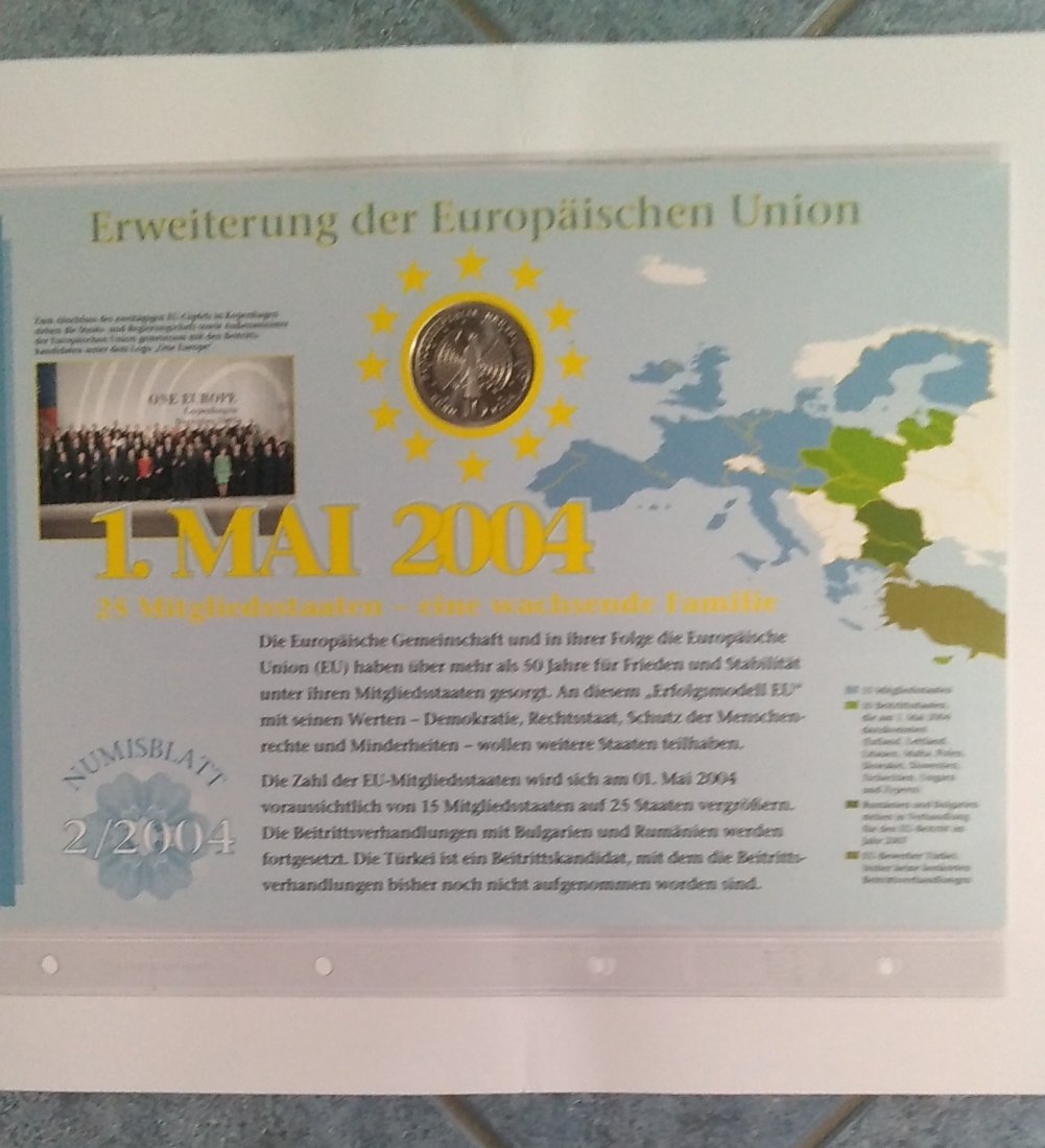  10 Euro Sondermünze,  BRD mit Briefmarken 2004, Numisblatt, Erweiterung der Europäischen Union, Stg.   
