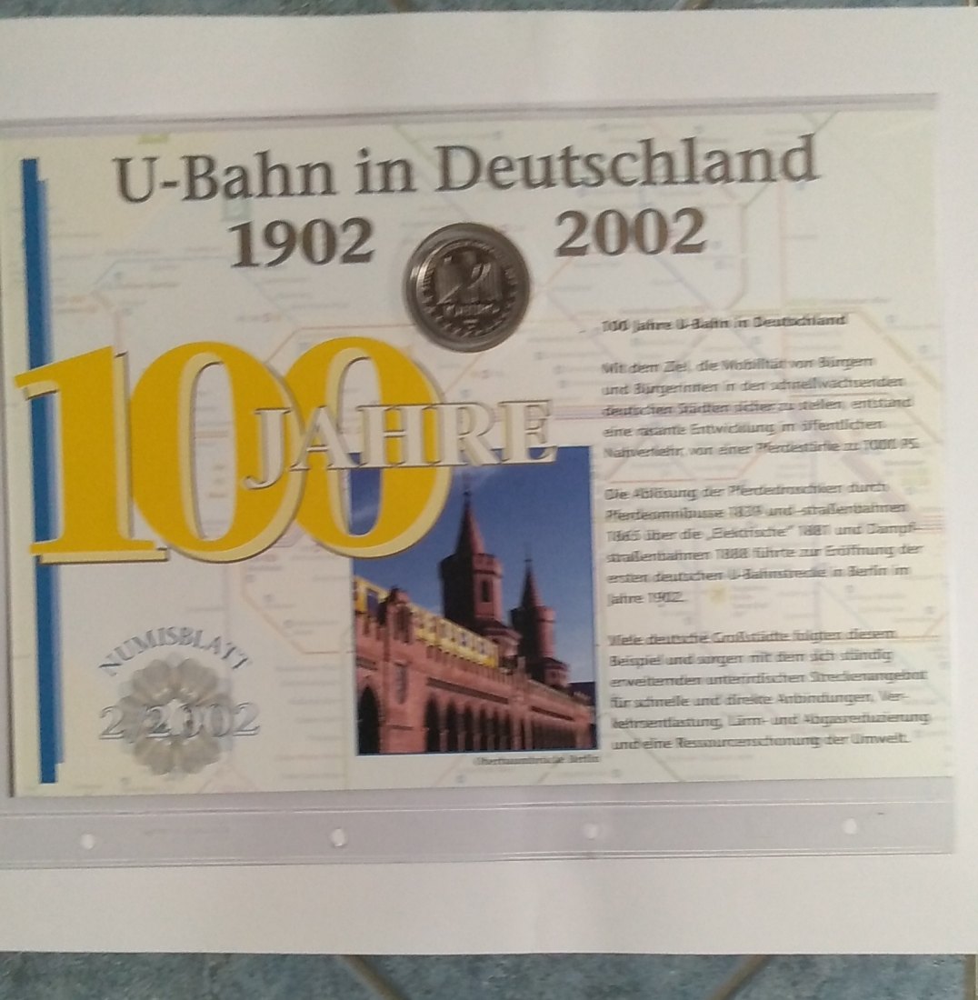  10 Euro Sondermünze,  BRD mit Briefmarken 2002, Numisblatt, 100 Jahre U-Bahn in Deutschland, Stgl.   