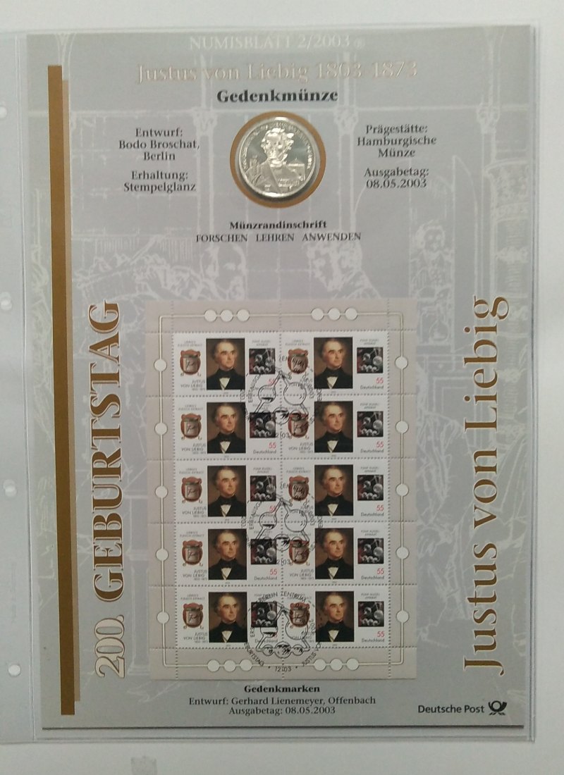  10 Euro Sondermünze,  BRD mit Briefmarken 2003, Numisblatt, 200 Geb. Justus von Liebig,Stgl. .   