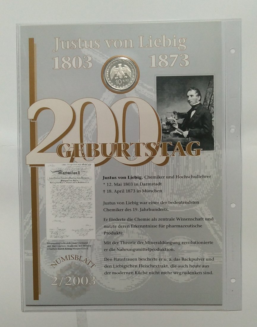  10 Euro Sondermünze,  BRD mit Briefmarken 2003, Numisblatt, 200 Geb. Justus von Liebig,Stgl. .   