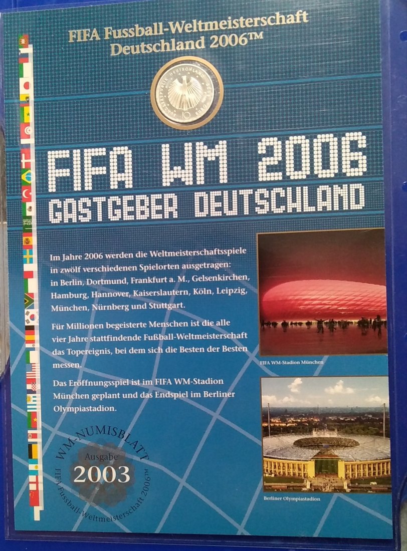  10 Euro Sondermünze, mit Briefmarken, Numisblatt  BRD, 2003, Fussball WM 2006, Stgl. offiz. Ausgab   
