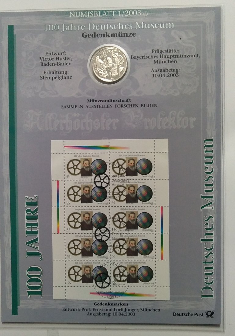  10 Euro Sondermünze BRD 2003,  mit Briefmarken, Numisblatt, 100 Jahre deutsches Museum, offiz. Stgl.   