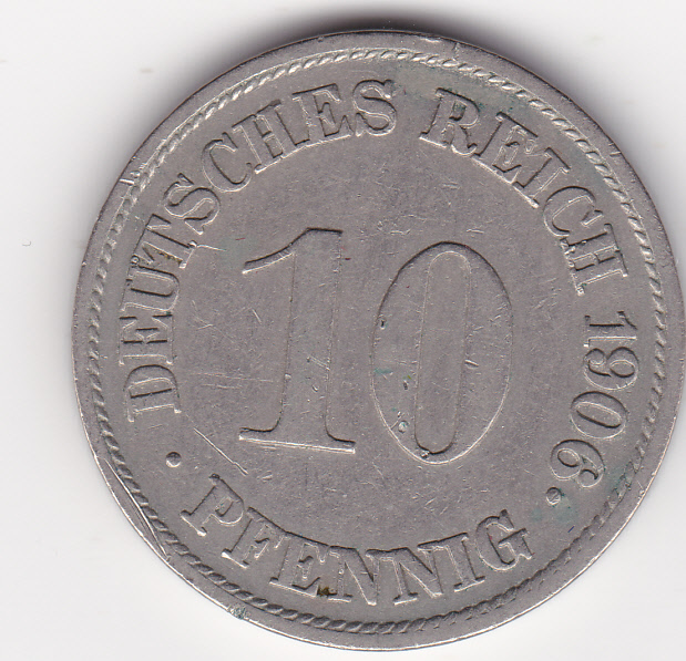  Kaiserreich, 10 Pfennig 1906 J (Selten!), sehr schön   