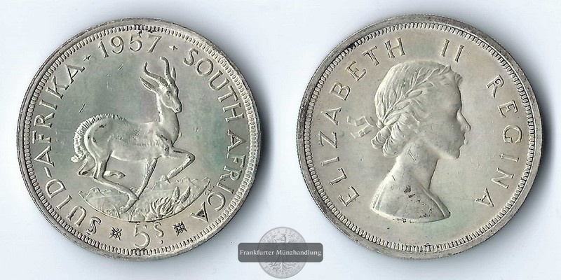  Süd Afrika  5  Shillings  1957    Büste von Königin Elisabeth II  FM-Frankfurt    Feinsilber: 14,14g   