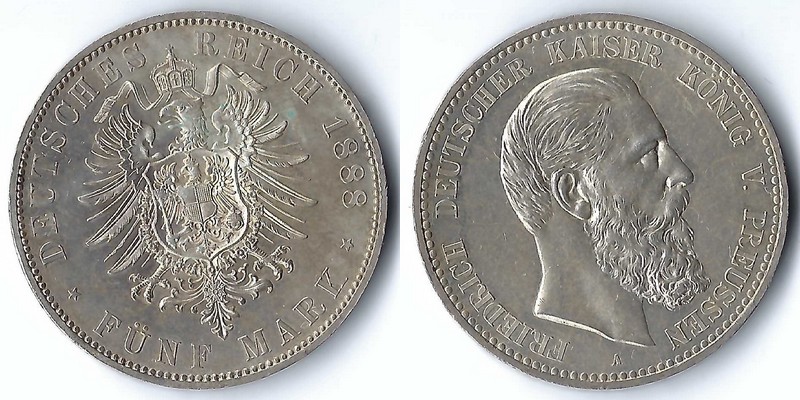  Kaiserreich, Preussen 5 Mark 1888 A Friedrich III. 1888  FM-Frankfurt Feinsilber: 25g   