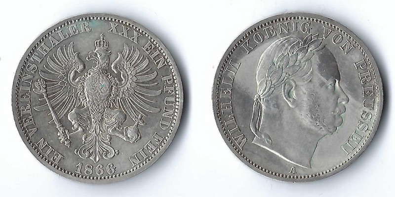  Preussen,  Vereinstaler 1866 A   Wilhelm I.   FM-Frankfurt  Feinsilber: 16,67g   
