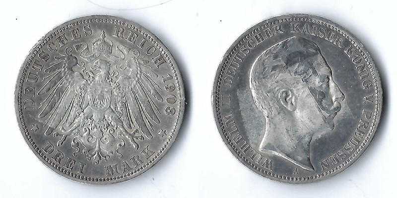  Preussen, Kaiserreich  3 Mark  1908 A  Wilhelm II. 1888-1918    FM-Frankfurt   Feinsilber: 15g   