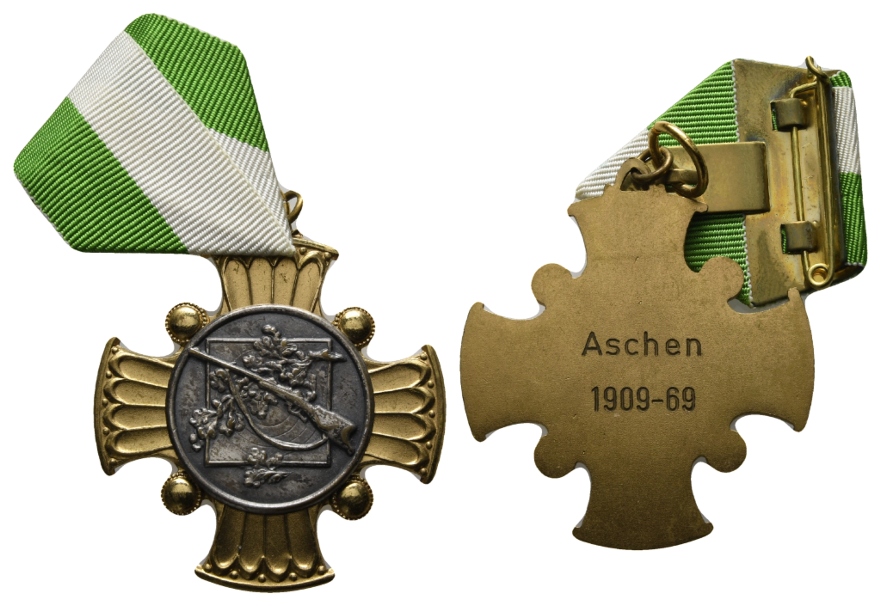  Aschen; tragbare Schützenmedaille 1909-69 am Band, versilbert, vergoldet, 29,26 g, 48 mm   