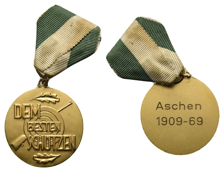 Aschen; tragbare Schützenmedaille 1909-69 am Band, vergoldet, 22,70 g, Ø 39 mm   