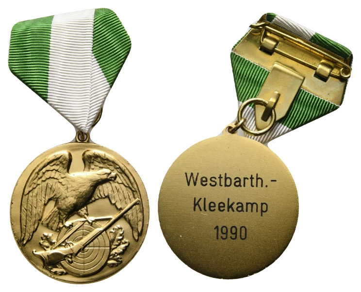 Westbarthausen-Kleekamp; tragbare Schützenmedaille 1990 am Band, vergoldet, 32,71 g, Ø 40 mm   