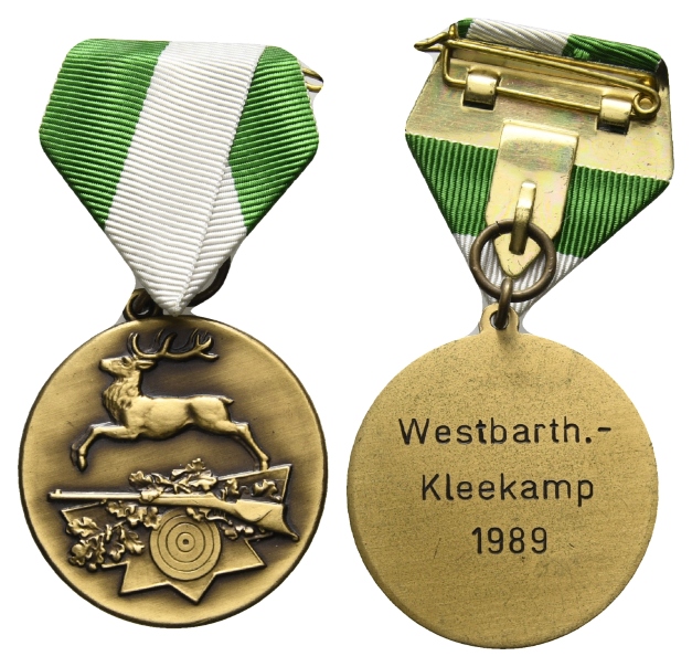  Westbarthausen-Kleekamp; tragbare Schützenmedaille 1989 am Band, altvergoldet, 26,12 g, Ø 39 mm   