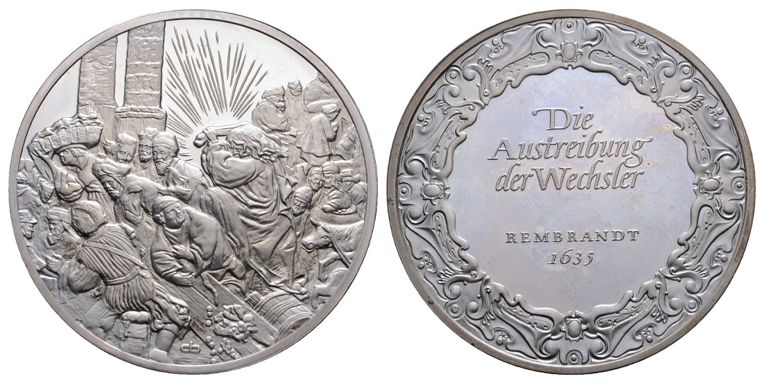  Linnartz Rembrandt Silbermed.o.J. Austreibung der Wechsler, 66,2/925, 51 mm, PP   