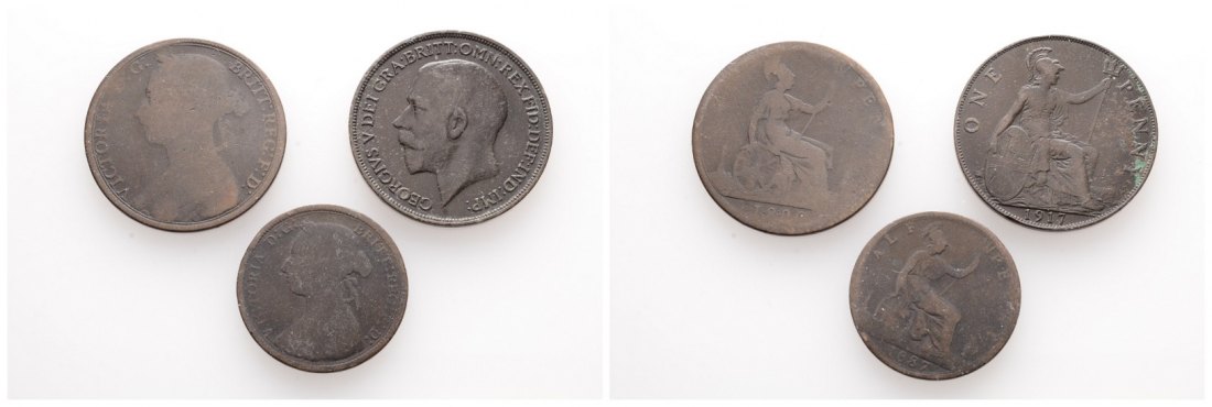  Linnartz England, Lot, 1/2 Penny 1887, Penny 1890 u. 1917, zus., ss   