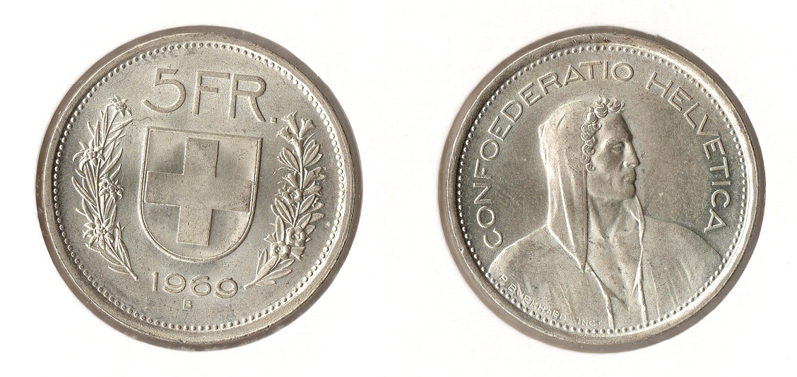  Schweiz 5 Franken 1969 B stgl.   