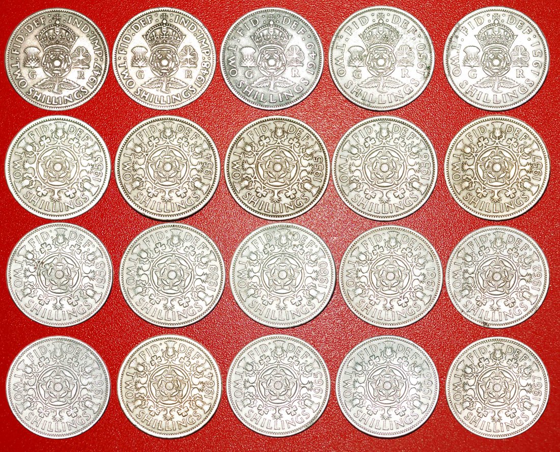  • COMPLETE SET 20 COINS: UNITED KINGDOM ★ 2 SHILLINGS FLORIN 1947-1967! LOW START ★ NO RESERVE!   