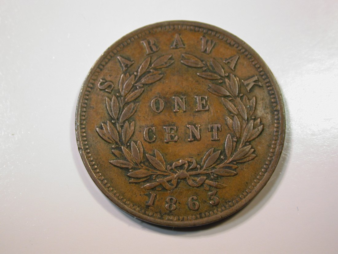 E28 Sarawak 1 Cent 1863 in ss/ss+ Originalbilder
