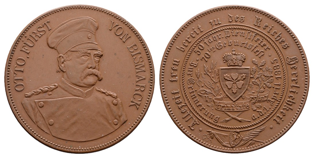  Linnartz Bismarck, Bronzemedaille 1885,(v. Lauer)a.s. 70. Geburtst. Bennert 27, 40 mm, 25,5 Gr. vz+   