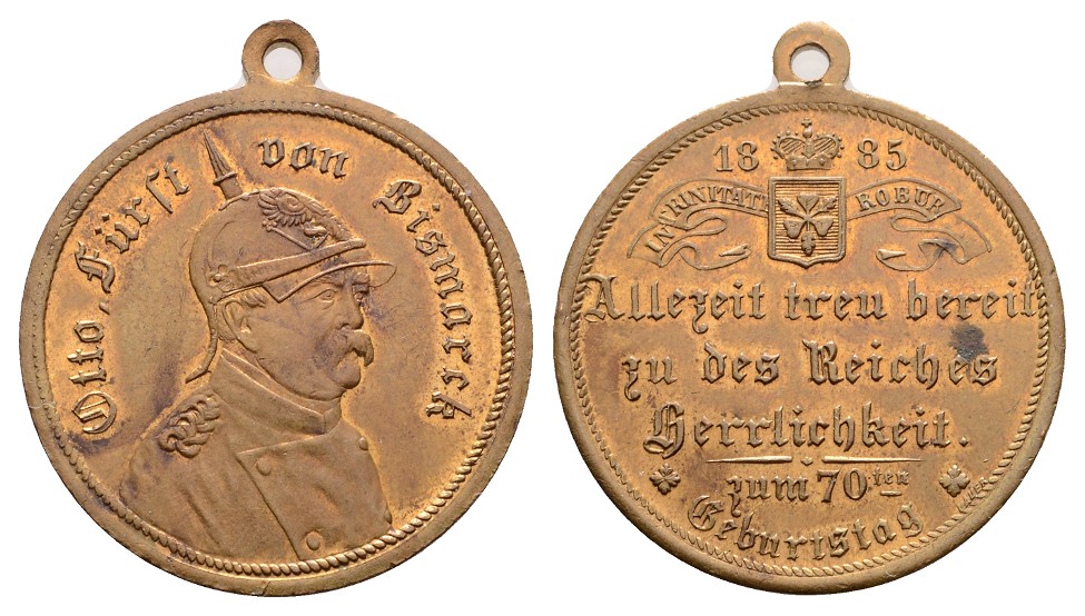  Linnartz Bismarck, Tragbare Bronzemedaille 1885 (v. LAUER), 70. Geburtstag, 30 mm, VZ+   