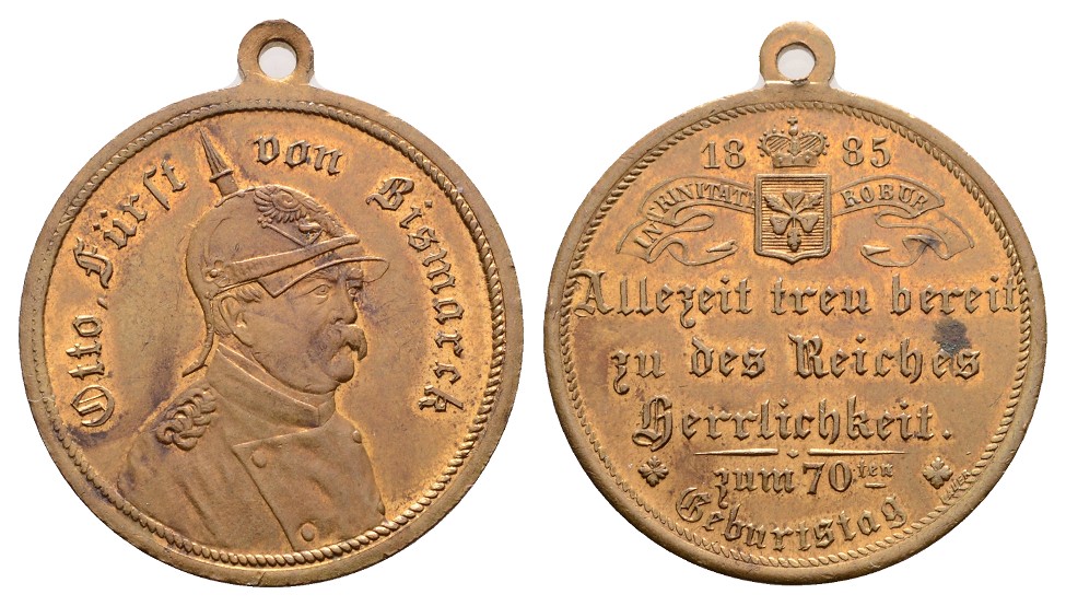  Linnartz Bismarck, Tragbare Bronzemedaille 1885 (v. LAUER), 70. Geburtstag, 30 mm, VZ+   