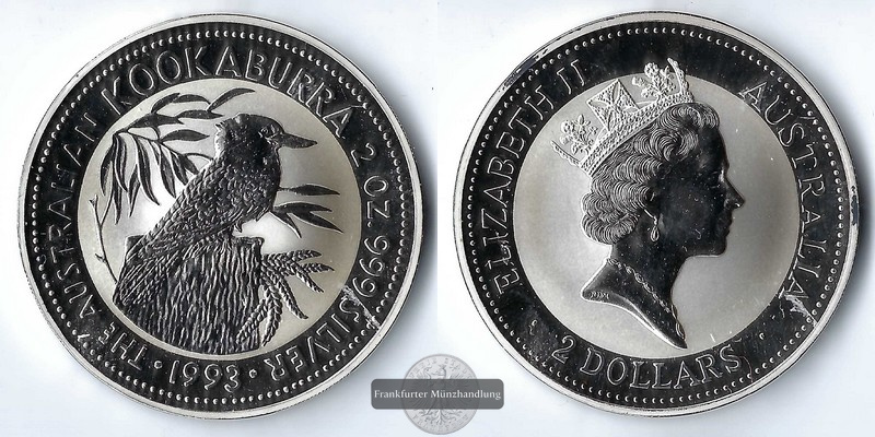  Australien,  2 Dollar 1993   Kookaburra   FM-Frankfurt Feinsilber: 62,1g   