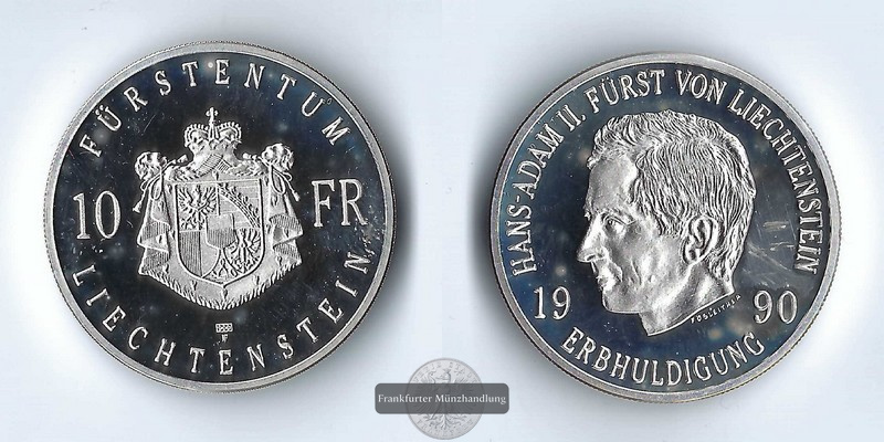  Liechtenstein, 10 Franken 1990 Hans-Adam II. FM-Frankfurt  Feinsilber: 27g   