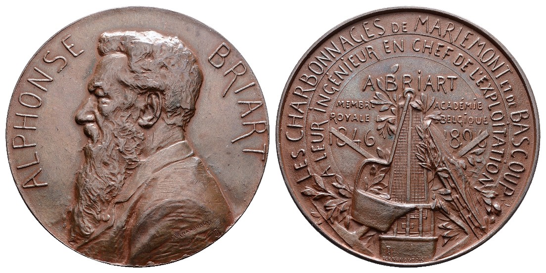  Linnartz Bergbau Belgien, Bronzemed. 1896, von Dubois, a. Alphonse Briart, 97,3 Gr., 60 mm, vz +   