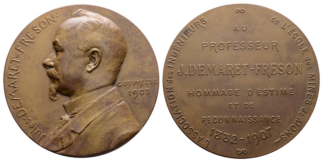  Linnartz Bergbau Mons, Bronzemed. 1908, an J. Demaret-Freson, 85,4 Gr., 60mm, vz-st   