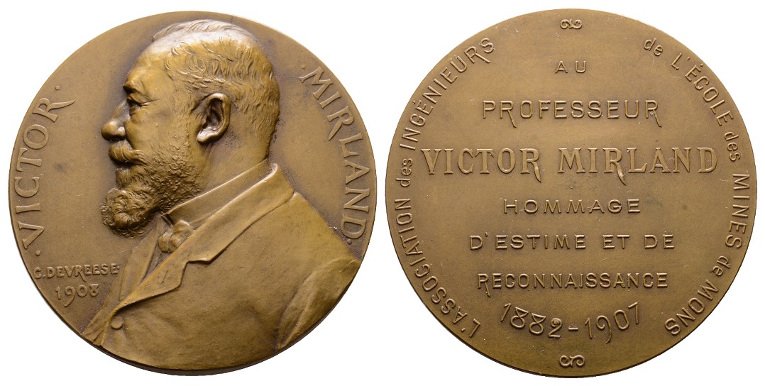  Linnartz Bergbau Mons, Bronzemed. 1908, an Victor Mirland, 88,6 Gr., 60mm, fast st   