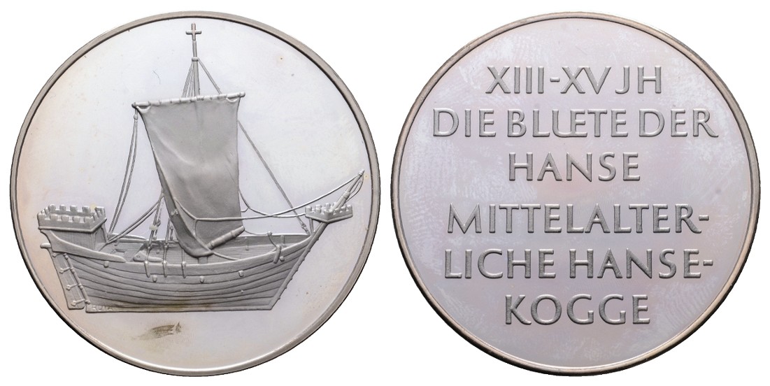  Linnartz BRD Schiffe Silbermedaille o.J. Hansekogge 40,26/925, 44,5 mm, Polierte Platte   