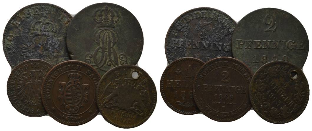  Altdeutschland, 5 Kleinmünzen, 1 gelocht   
