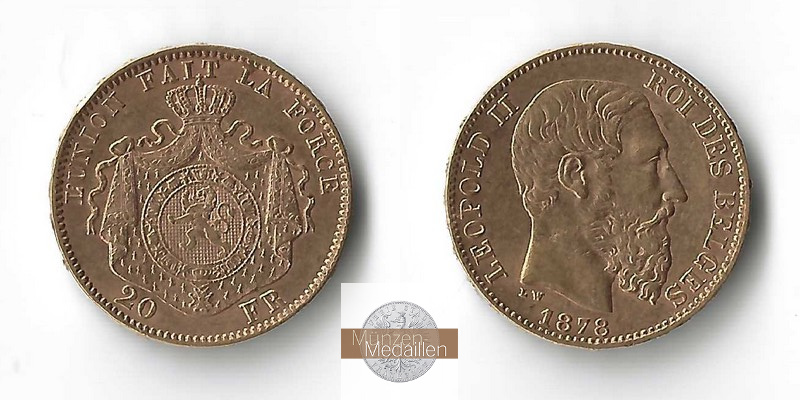 Belgien  20 Francs MM-Frankfurt Feingold: 5,81g Leopold II 1865-1909 1878 