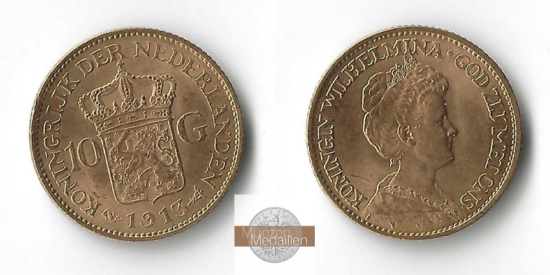 Niederlande  10 Gulden MM-Frankfurt  Feingold: 6,06g Wilhelmina I. 1913 