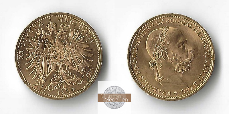 Österreich MM-Frankfurt  Feingold: 6,10g 20 Kronen 1894 