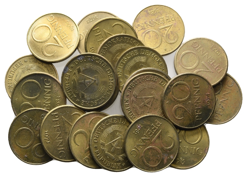  DDR, Lot 20 Pfennig 1969-90, Kupfer/Zink   