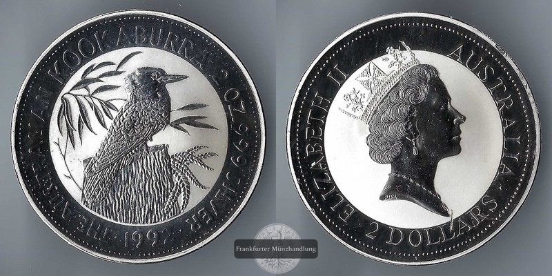  Australien,  2 Dollar 1992   Kookaburra   FM-Frankfurt Feinsilber: 62,1g   