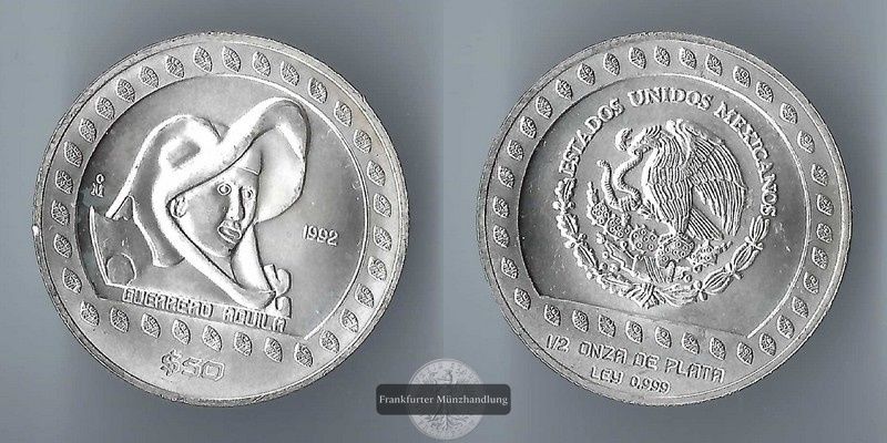  Mexiko  50 Pesos  1992  Eagle Warrior    FM-Frankfurt    Feinsilber: 15,5g   