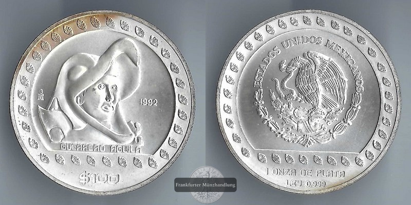  Mexiko,  100 Pesos  1992 Guerrero Aguila   FM-Frankfurt  Feinsilber: 31,1g   