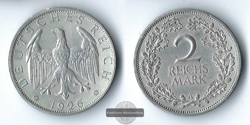  Deutschland, Weimarer Republik 2 Reichsmark  1926 A FM-Frankfurt Feinsilber: 5g   