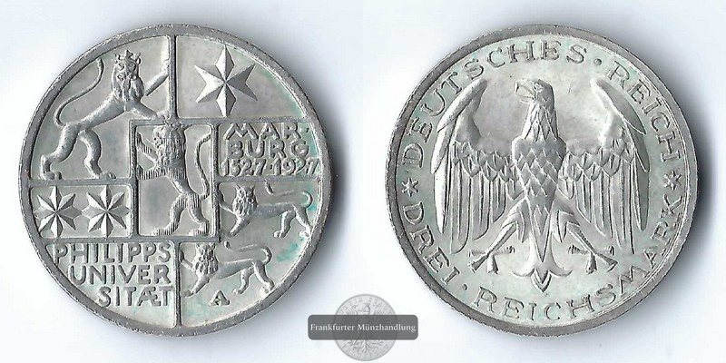  Deutschland, Weimarer Republik 3 Reichsmark  1927 A FM-Frankfurt Feinsilber: 7,5g   