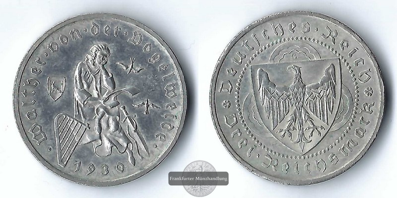  Deutschland, Weimarer Republik 3 Reichsmark  1930 G FM-Frankfurt Feinsilber: 7,5g   