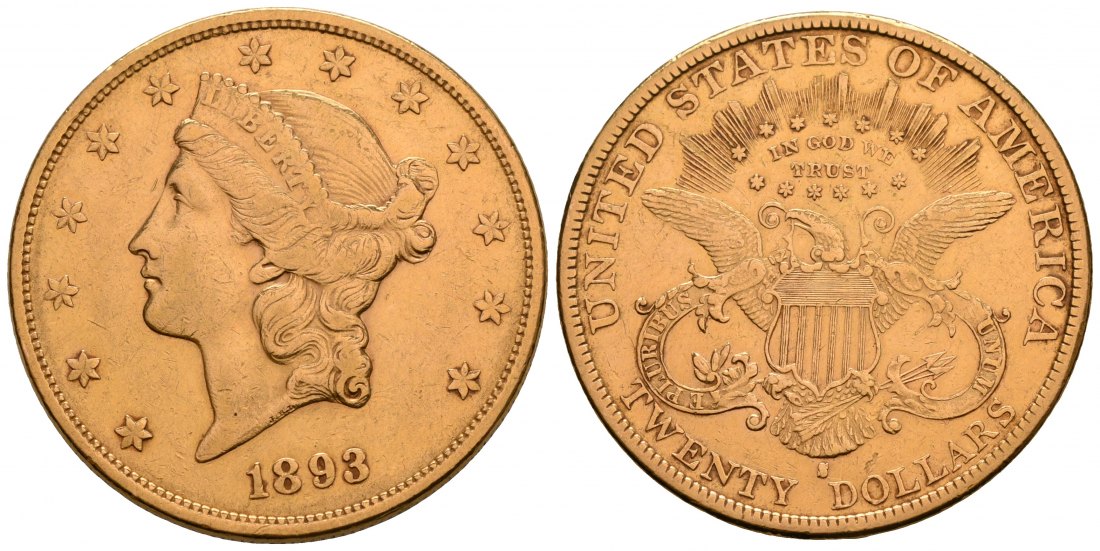 PEUS 5023 USA 30,1 g Feingold. Coronet Head in US-Plastic Holder 20 Dollars GOLD 1893 S Sehr schön