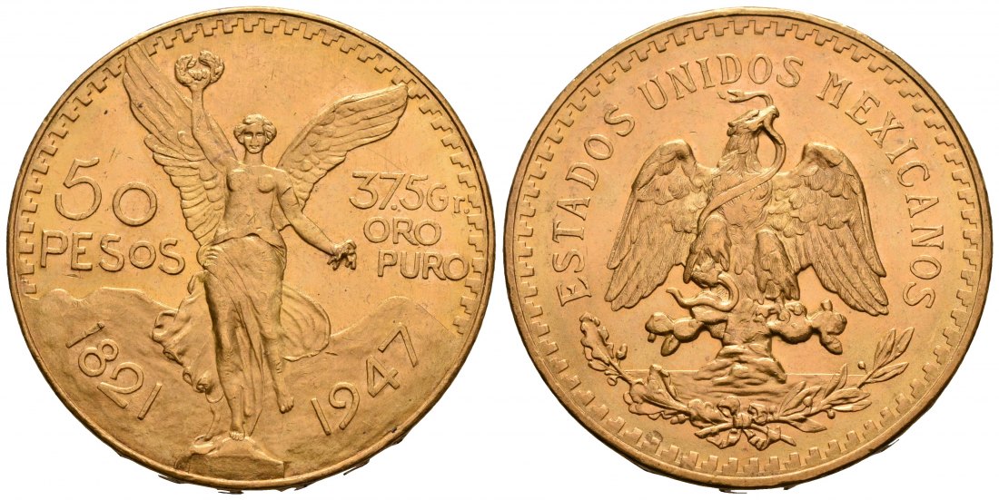 PEUS 5025 Mexiko 37,5 g Feingold. 50 Pesos GOLD 1947 Kl. Kratzer, Vorzüglich