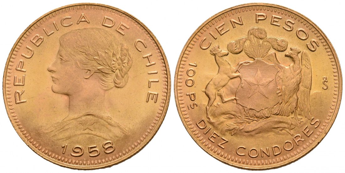 PEUS 5028 Chile 18,31 g Feingold 100 Pesos GOLD 1958 Fast Stempelglanz