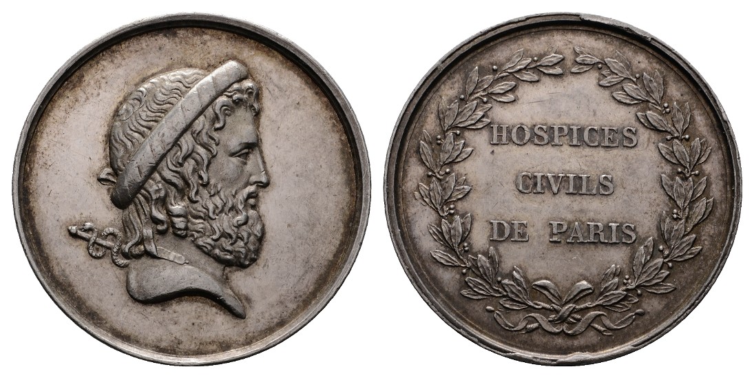  Linnartz Medicina in Nummis PARIS Silbermedaille o.J. Aesculap, 18 Gr., 35mm, vz   